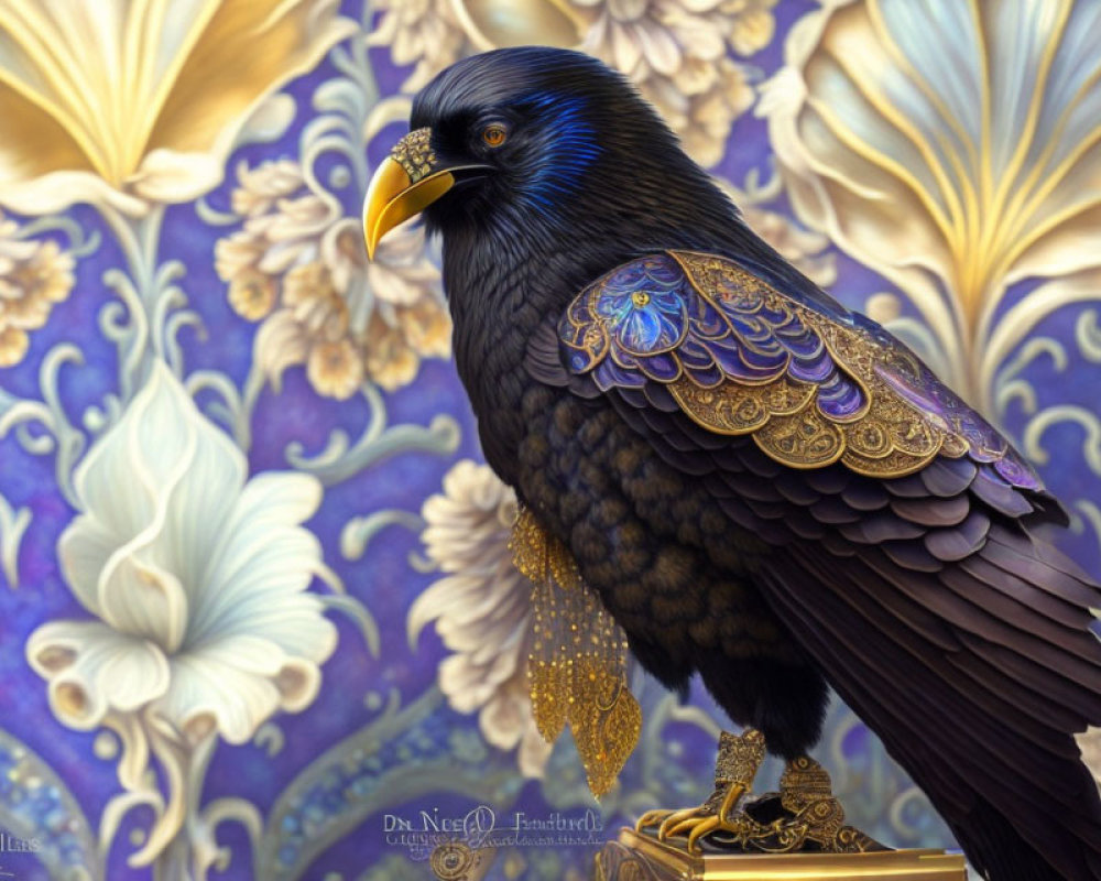 Detailed digital artwork: Majestic raven with golden and purple embellishments perched on golden structure against