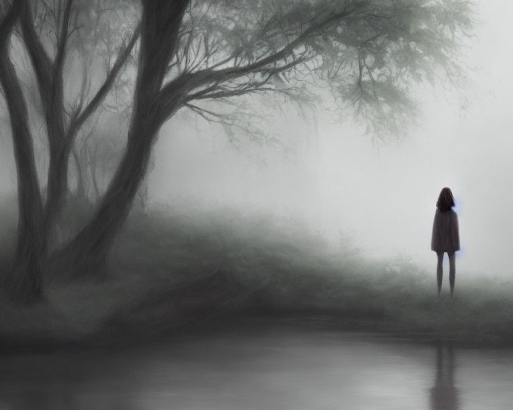 Mysterious figure by tranquil water in foggy forest.