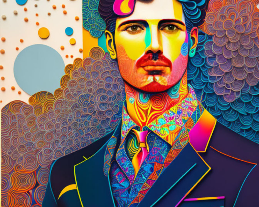 Colorful geometric portrait of a man in a suit with abstract patterns.