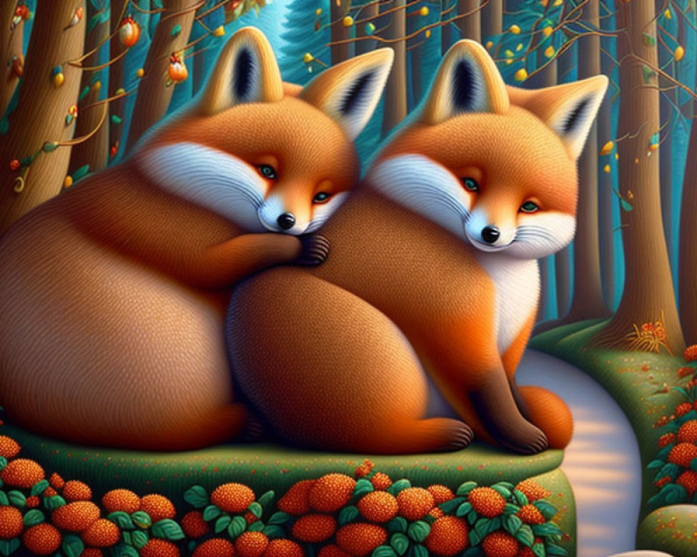 Stylized foxes cuddle in autumnal forest with orange leaves.