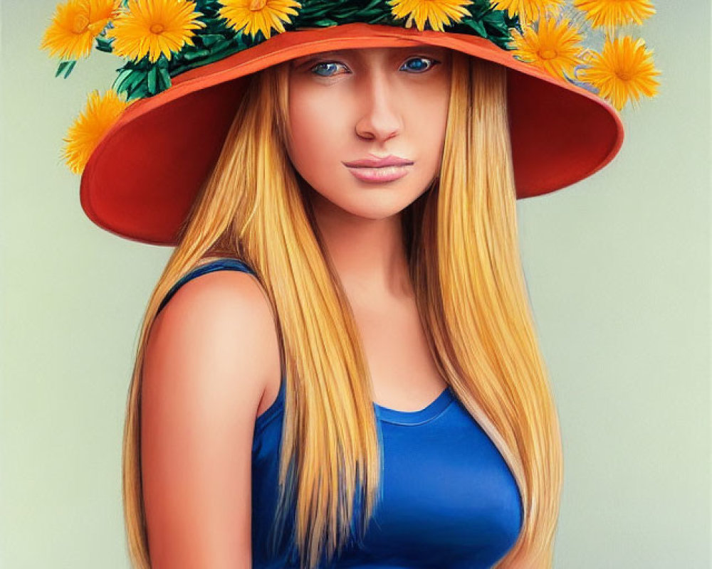 Blonde woman in wide-brim hat with yellow flowers and blue top