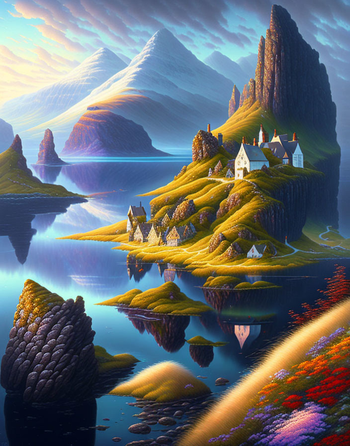 Serene fantasy landscape with village, hills, cliffs, and calm waters