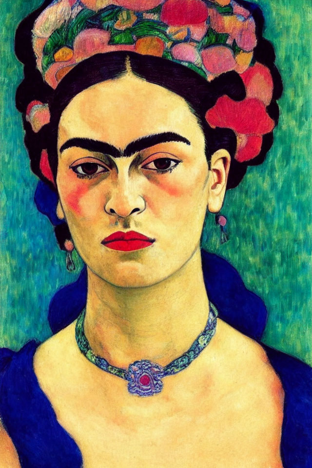Portrait of woman with floral headdress, stern expression, and jeweled necklace