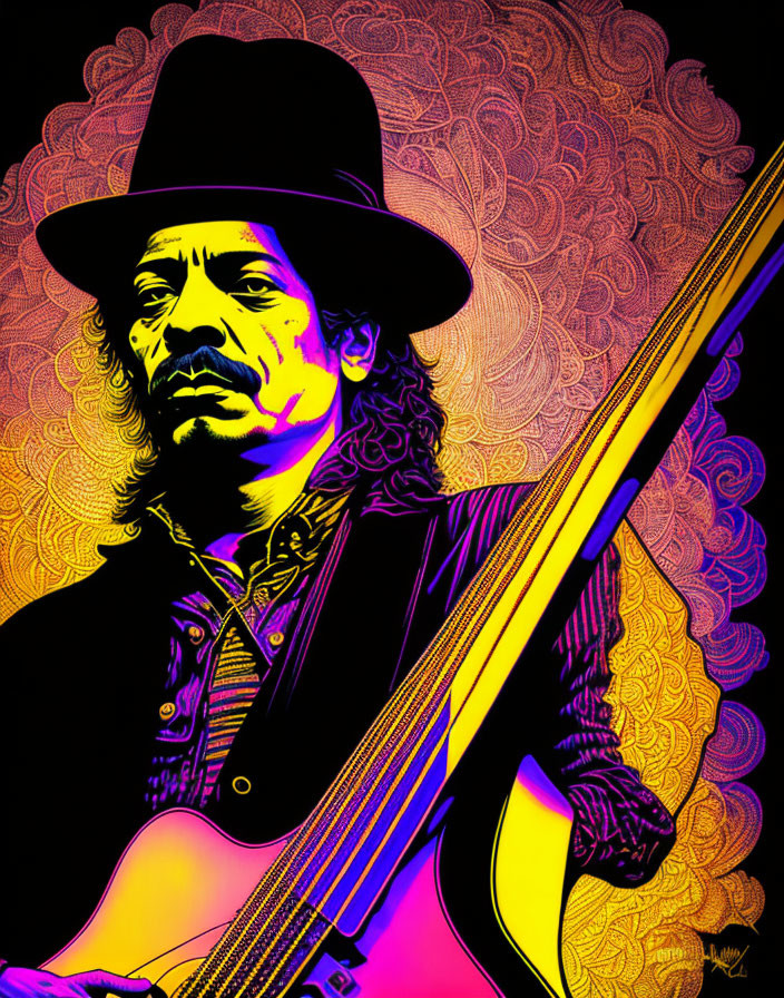 Colorful Illustration: Person with Hat Holding Bass Guitar on Psychedelic Background
