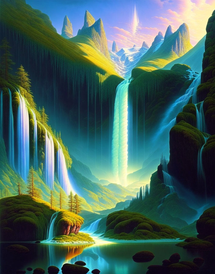 Majestic fantasy landscape with waterfalls, lake, and mountains