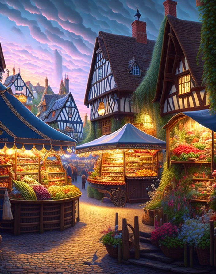 Charming market street scene with stalls, houses, and twilight sky.