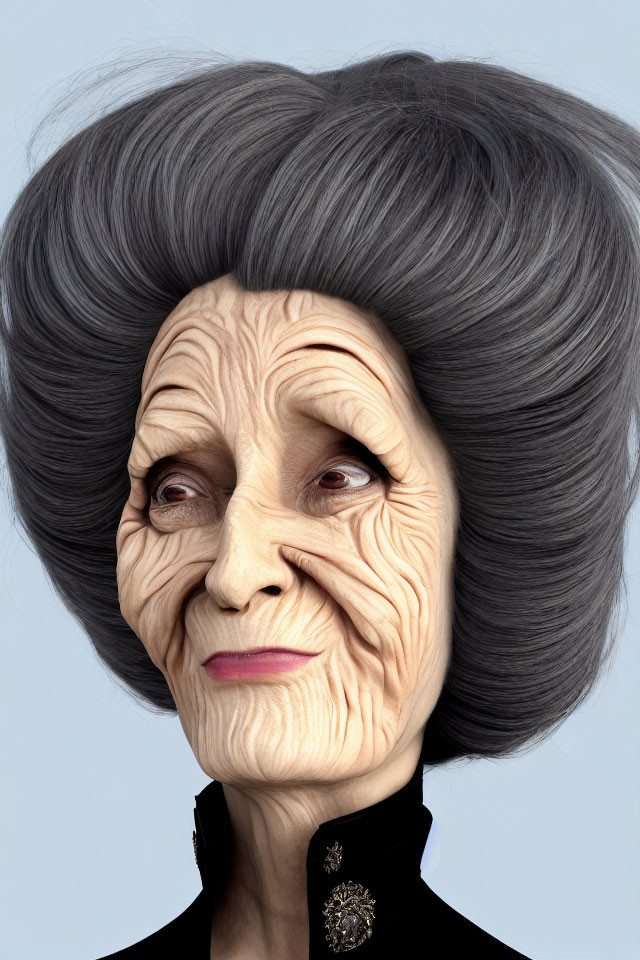 Stylized elderly woman with exaggerated wrinkles and gray hair