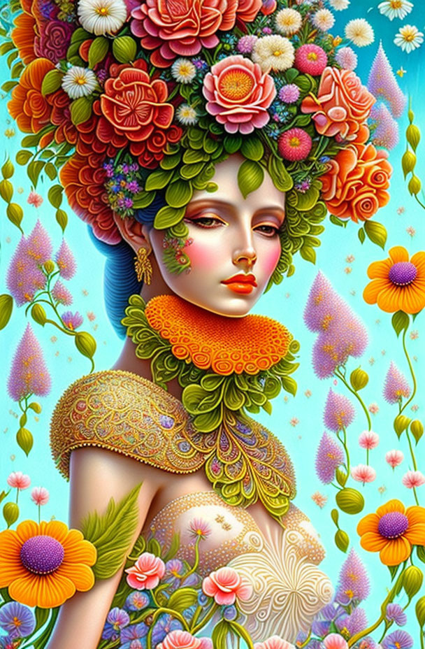 Colorful Woman with Flower Headdress and Dress on Blue Background
