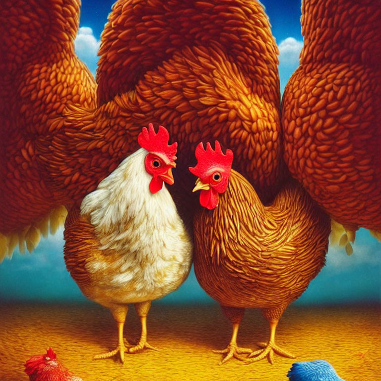 Stylized oversized chickens with red combs under blue sky