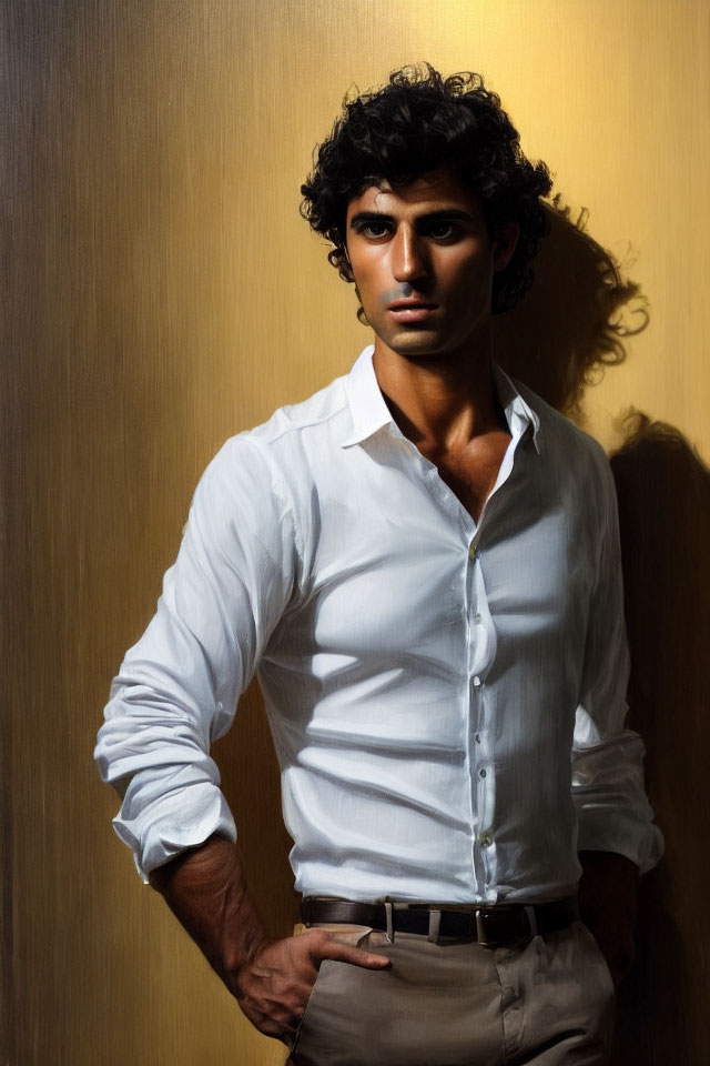 Curly-Haired Man in White Shirt Leaning Against Golden Wall