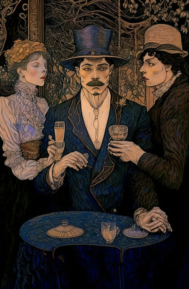 Man in top hat with drink surrounded by two women in Art Nouveau style illustration