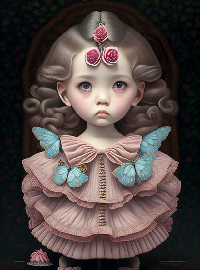 Surreal portrait of girl with large eyes, pink dress, butterfly wings, and red roses