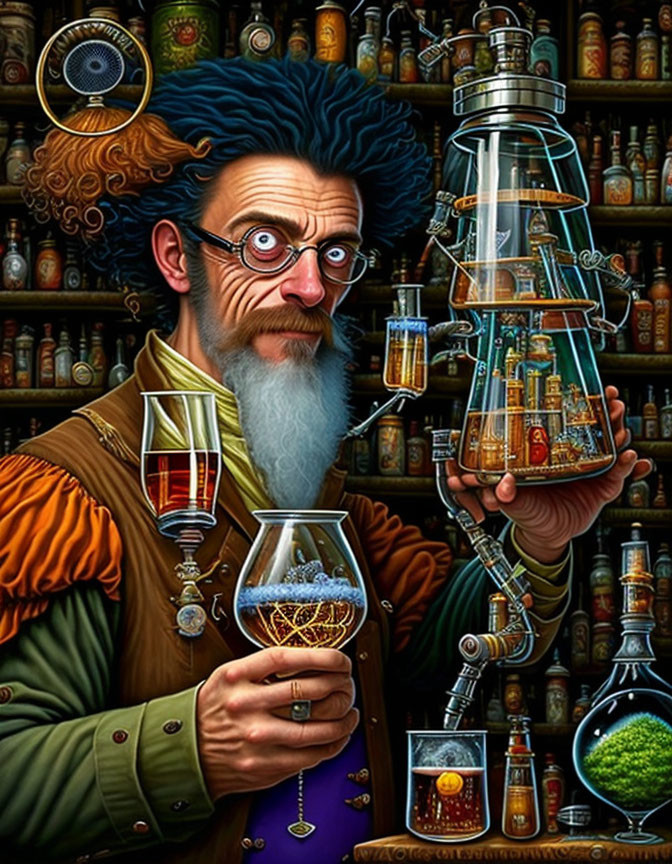 Whimsical scientist with blue hair and potions