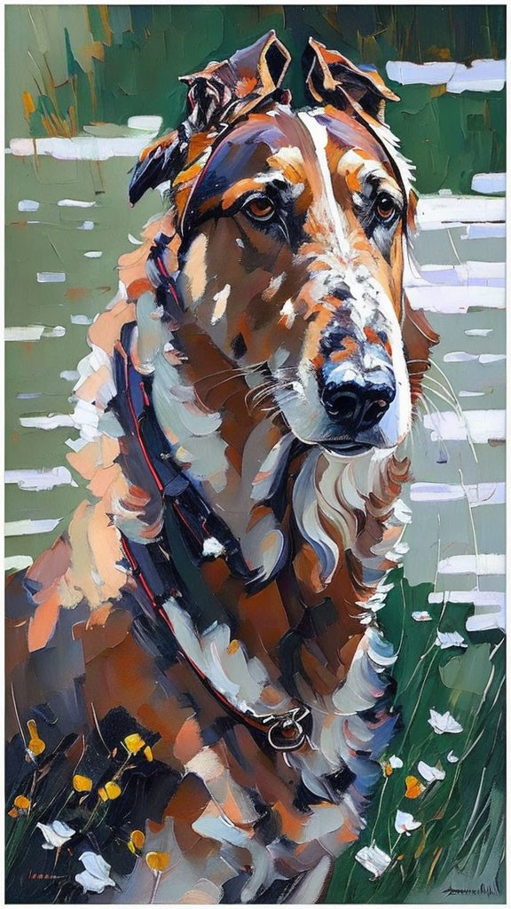 Expressive painting of a brown and white dog on green and white abstract background