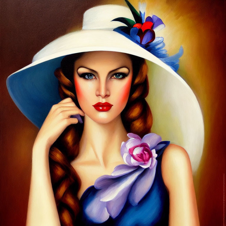 Portrait of Woman with Blue Flowers in Hair and White Hat, Braided Hair, Purple Dress Flower