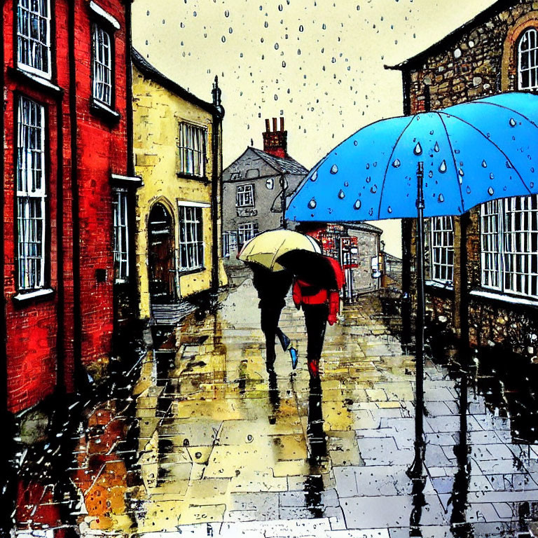 Colorful Rainy Street Scene with Person Holding Blue Umbrella