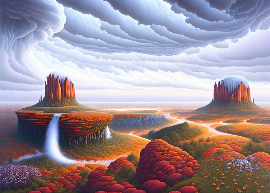 Colorful surreal landscape with waterfalls, rivers, flora, and dramatic sky