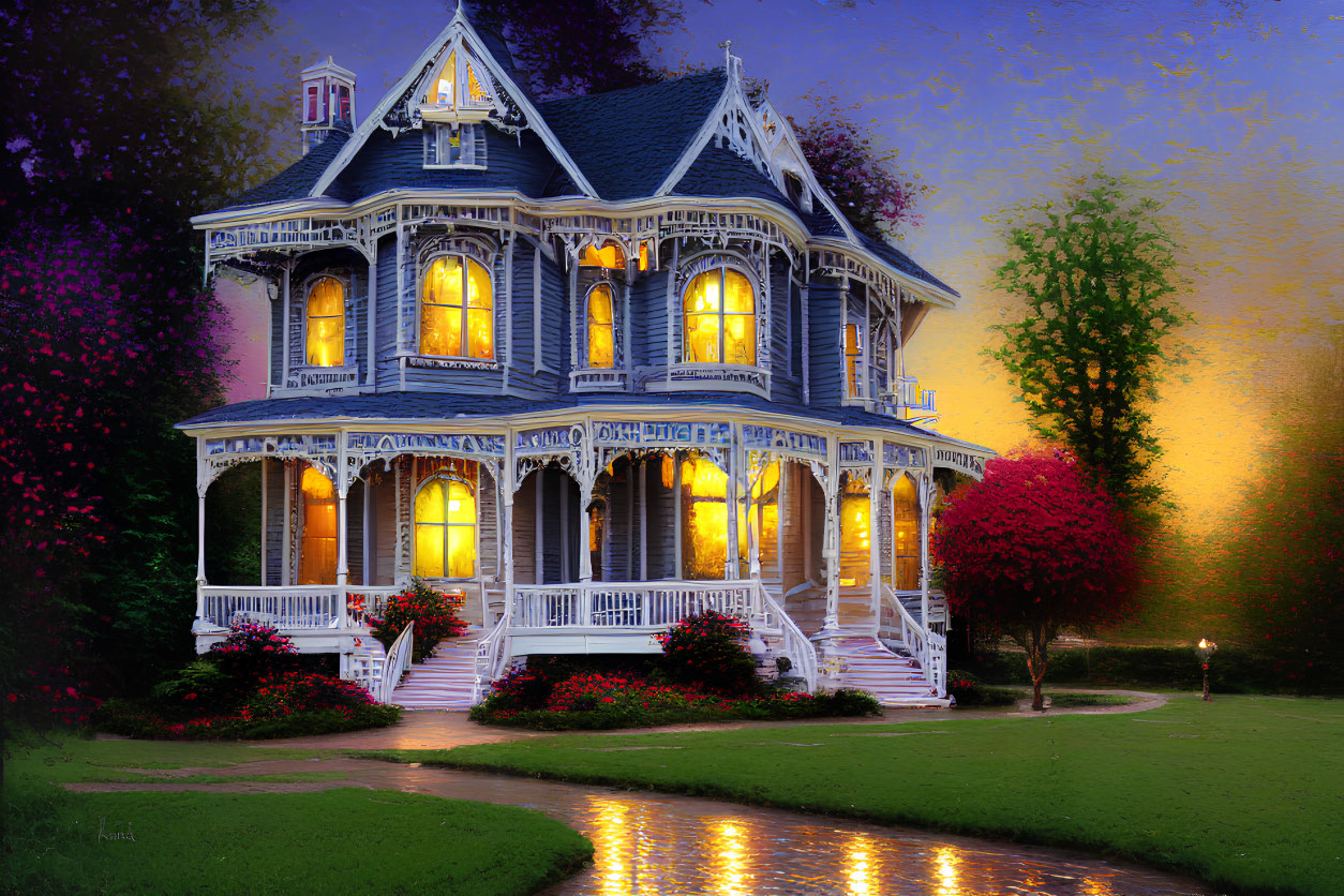 Victorian-style house with blue trim in twilight garden scene