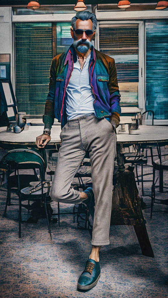 Fashionable man in colorful blazer, white shirt, and blue shoes sitting on table.