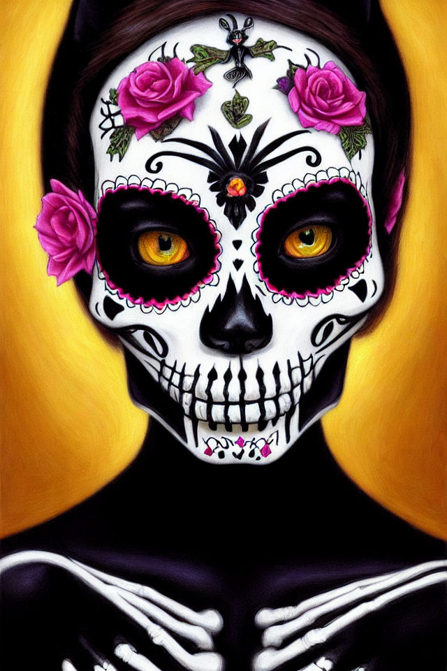 Person with Día de los Muertos skull makeup and pink flowers on yellow background
