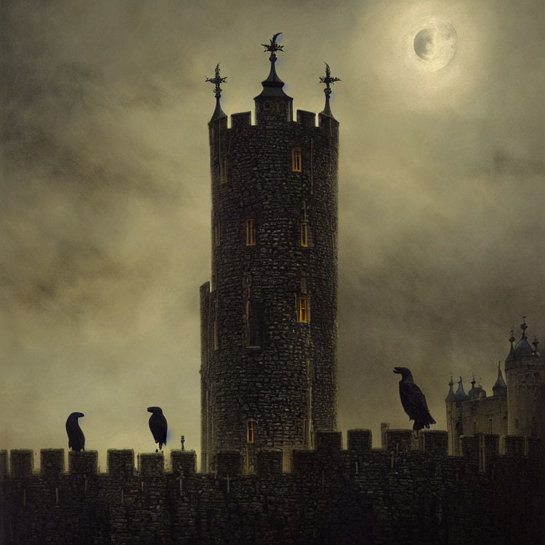 Gothic stone tower under full moon with crows on battlement wall