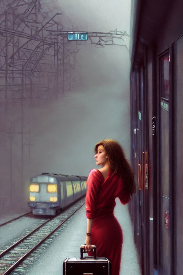 Woman in red dress with luggage on foggy train platform as train approaches