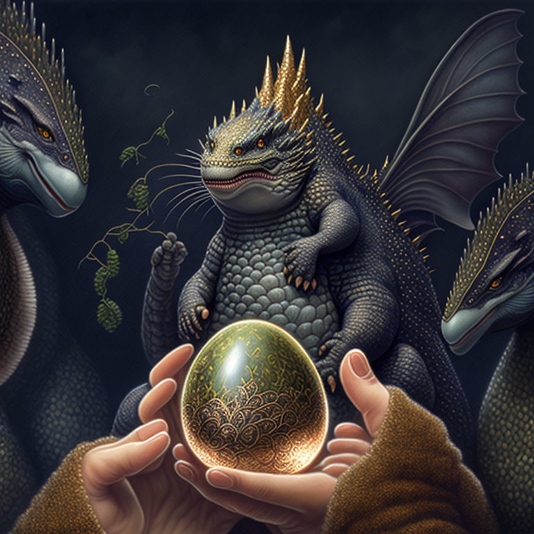 Detailed Ornate Egg Held by Person Surrounded by Fantastical Dragon-like Creatures