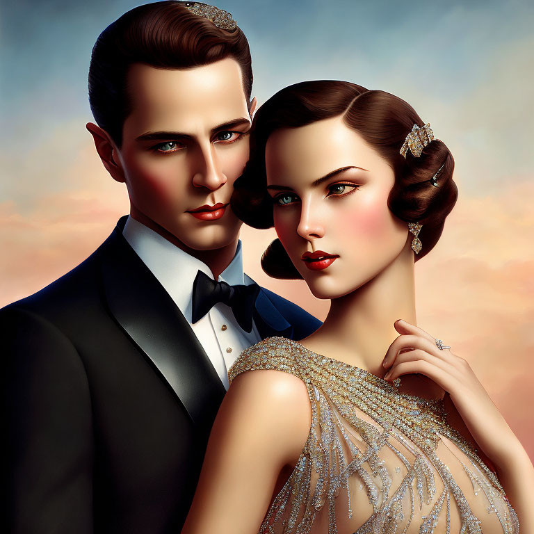 Stylized illustration of elegant couple in tuxedo and beaded gown