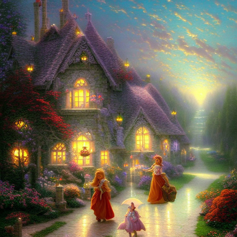 Enchanting image of three women in period dresses at twilight