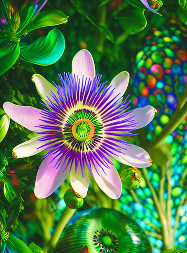 Vibrant Purple and White Passion Flower with Colorful Spheres