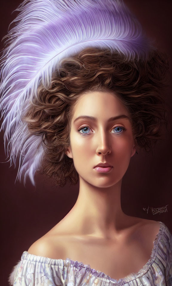 Portrait of Woman with Brown Hair and Blue Eyes in White Feather Headdress