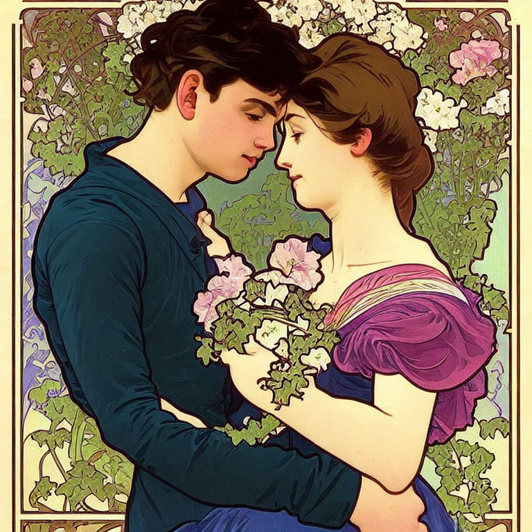 Art Nouveau-style romantic embrace with floral motifs