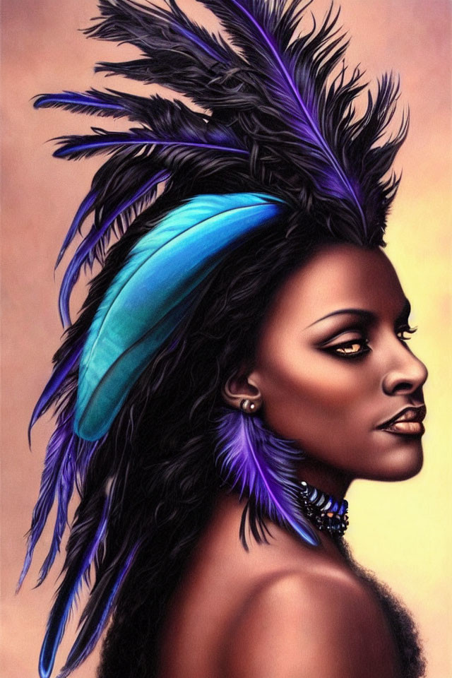 Portrait of a woman with dark skin and high cheekbones in a dramatic feather headdress