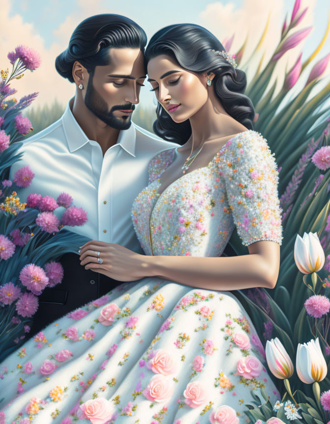 Romantic couple embrace in front of vibrant floral backdrop
