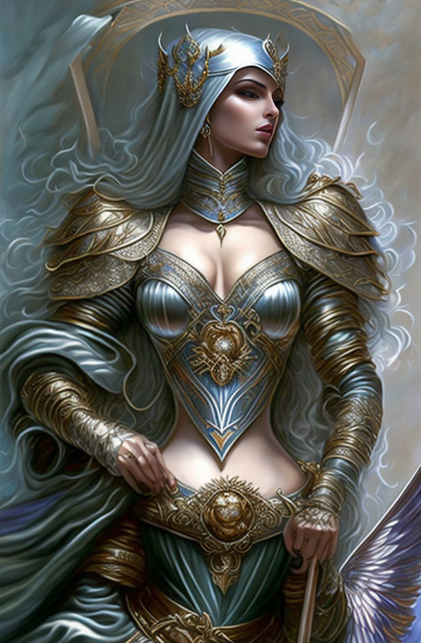 Regal warrior woman in silver and blue armor with staff and cape