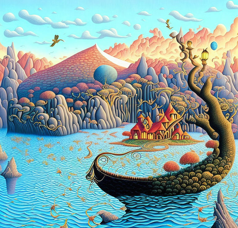 Surreal landscape with house on leaf peninsula, sea, hills, trees, and floating balloon
