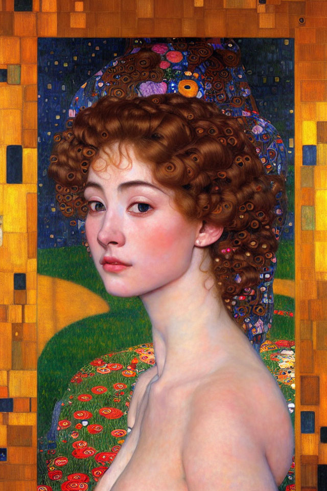 Portrait of Woman with Curly Hair and Flower in Mosaic-Like Background