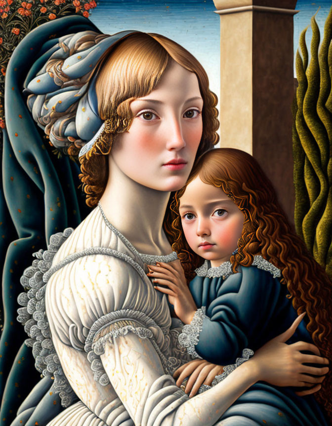 Classic Art: Woman and Child in Serene Pose with Detailed Clothing