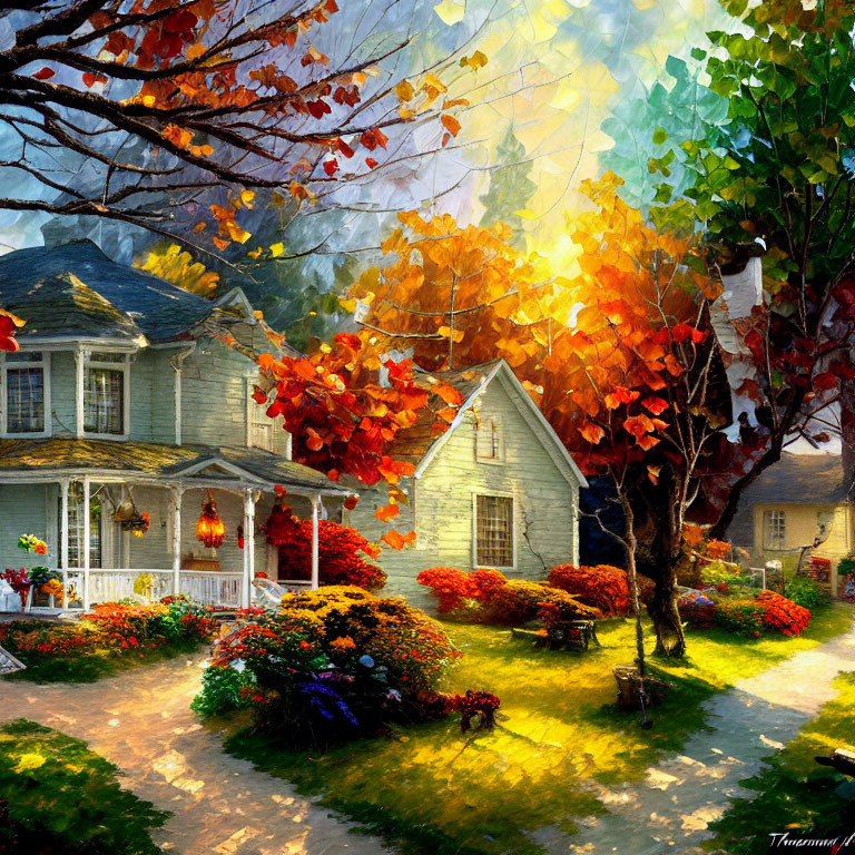 Charming cottage with white picket fence in autumn setting