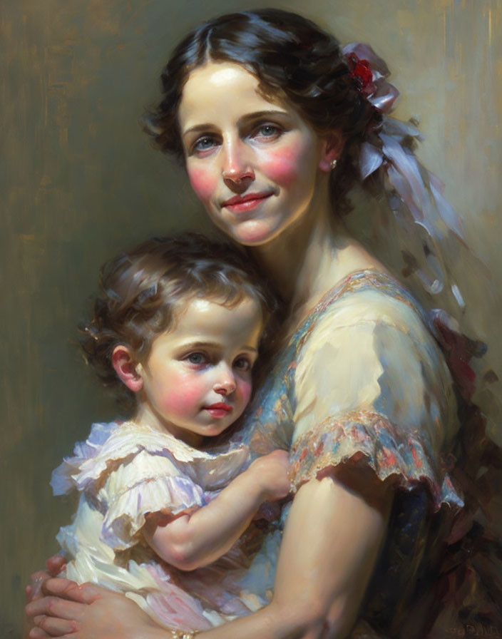 Traditional painting of woman and child with gentle smile and dark hair