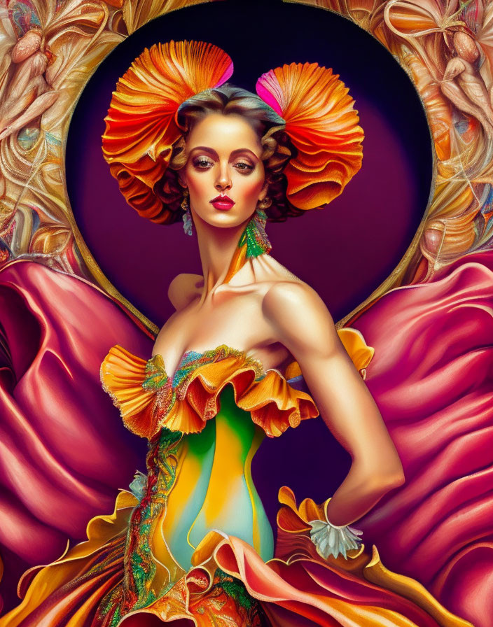 Vibrant digital artwork: Woman in floral dress with stylized makeup.