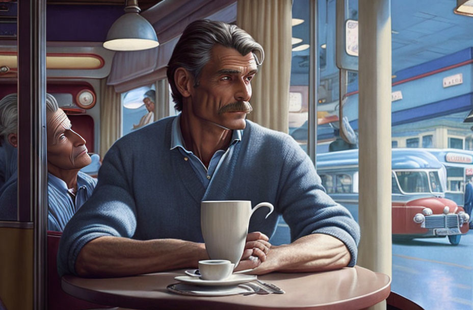 Middle-aged man with mustache in diner holding coffee cup, vintage cars outside