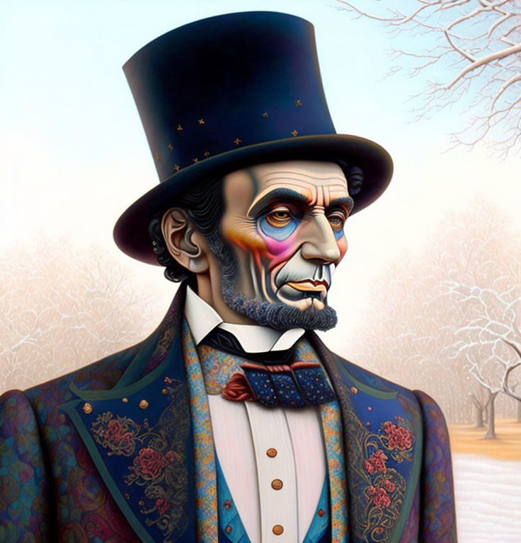 Colorful Stylized Portrait of Abraham Lincoln in Starry Top Hat & Floral Suit Against Barren