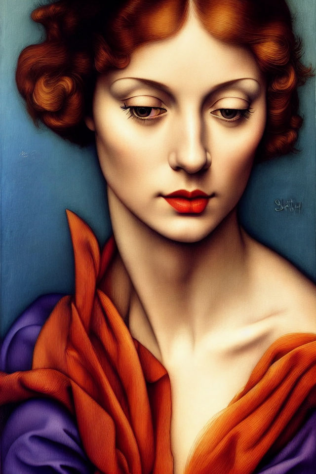 Stylized portrait of woman with auburn curls and red lipstick
