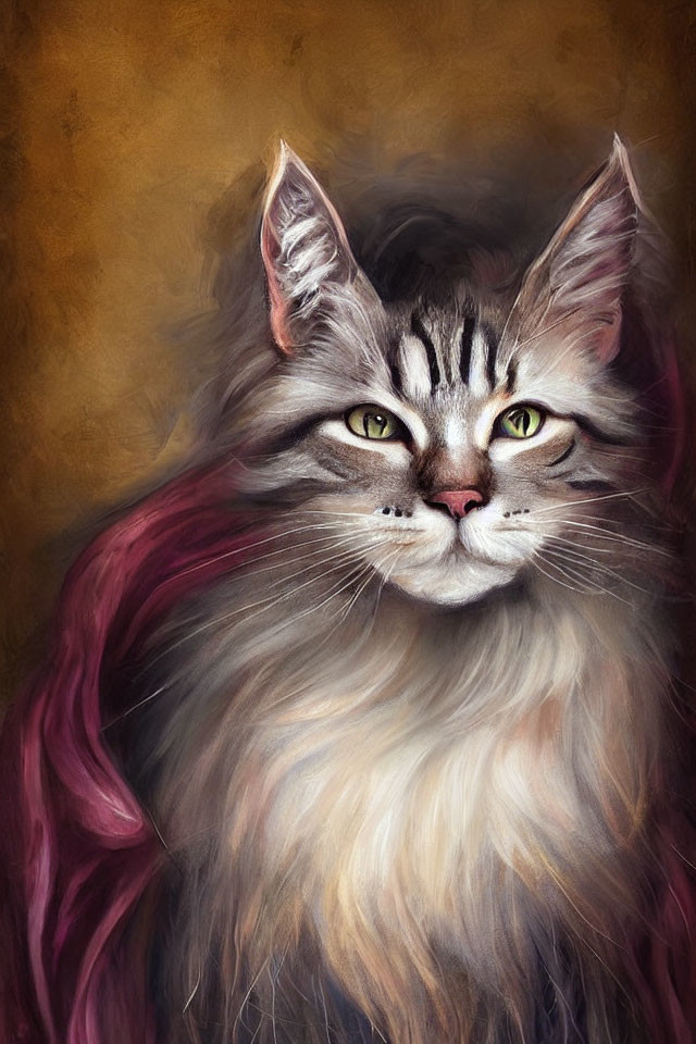 Majestic long-haired cat with green eyes and pink drape