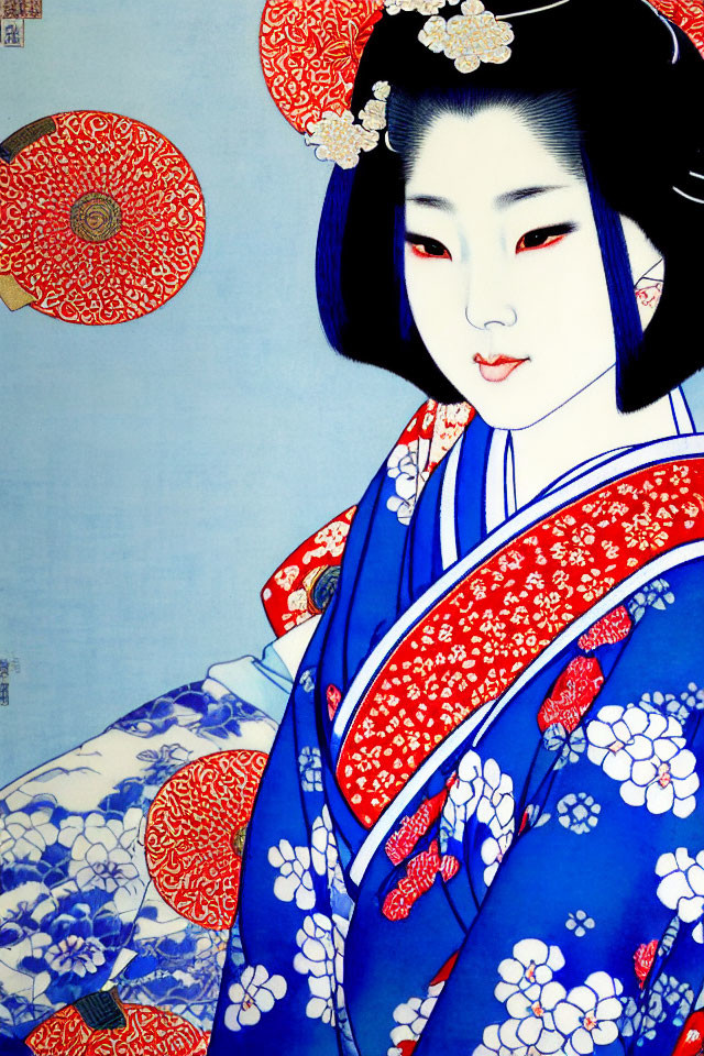 Traditional Japanese Woodblock Print of Geisha in Blue and Red Kimono