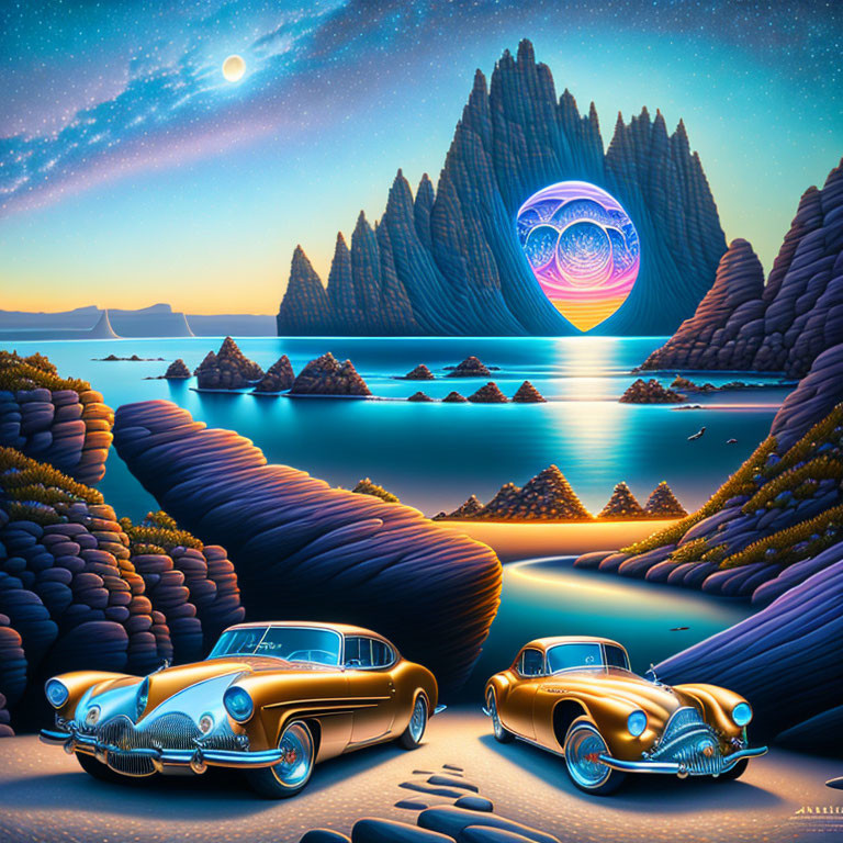 Surreal landscape with classic cars, luminous sea, moon, and swirling vortex