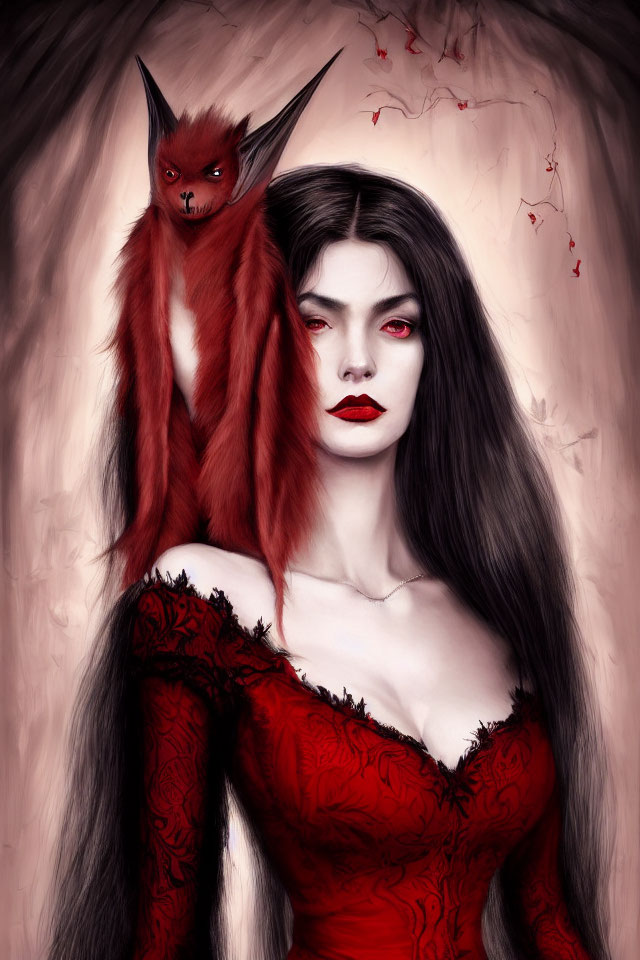 Gothic-style illustration of pale woman in red dress with menacing creature
