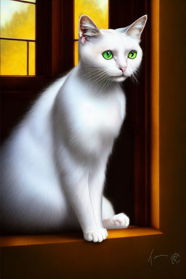 White Cat with Green Eyes on Yellow-Tinted Window Sill