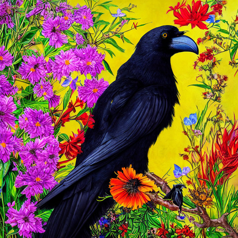 Colorful floral background with black crow perched on branch